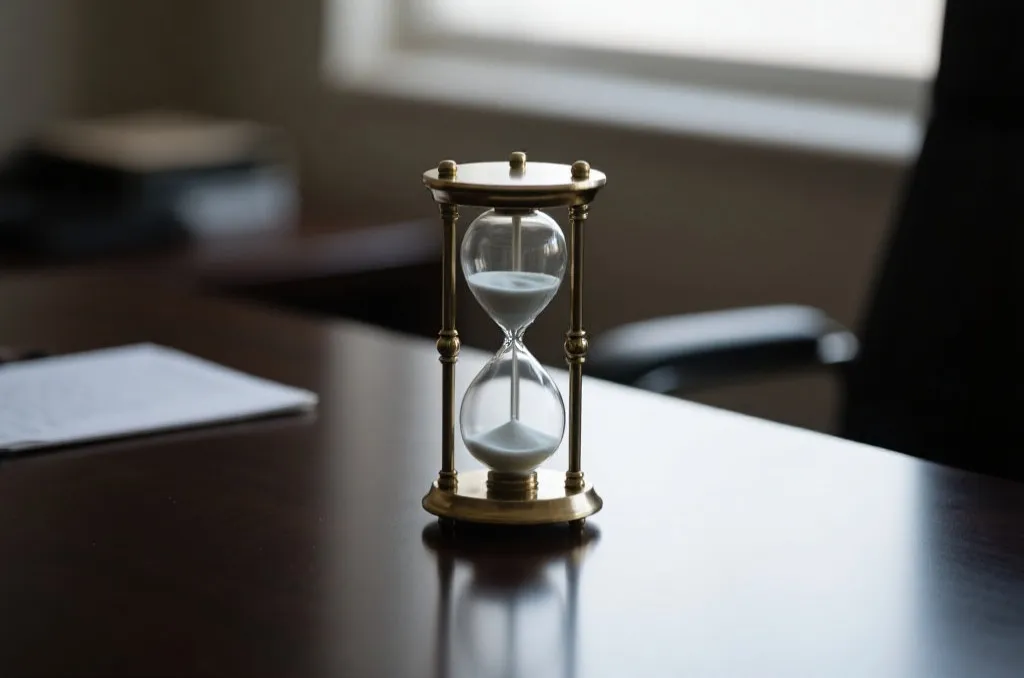 An elegant hourglass on a polished dark desk, symbolizing the passage of time and retention rules