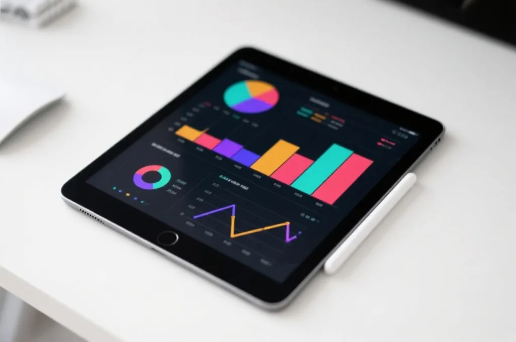 A modern sleek tablet computer displaying abstract color-coded statistical charts and graphs, clean minimalist workspace background